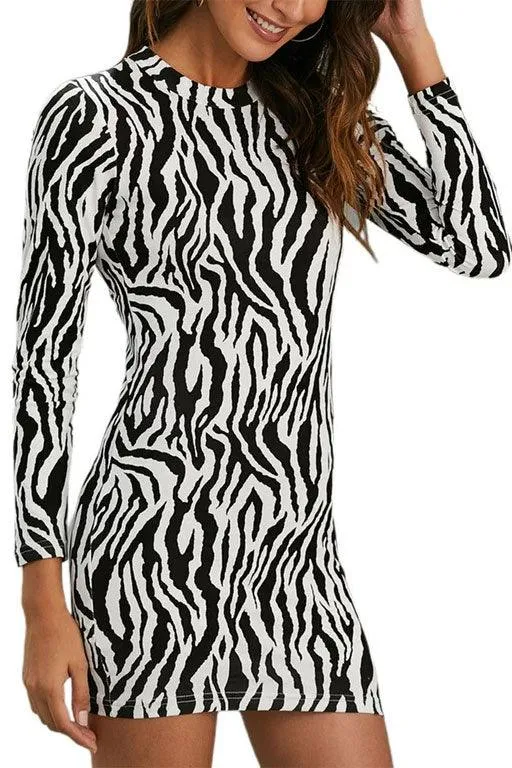Zebra Print Long Sleeve Crew Neckline Mini Dress