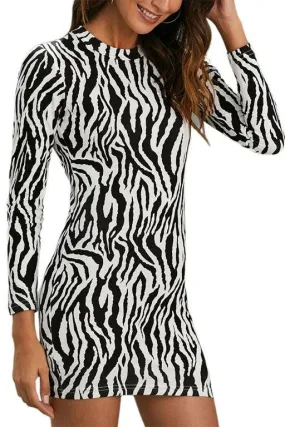 Zebra Print Long Sleeve Crew Neckline Mini Dress